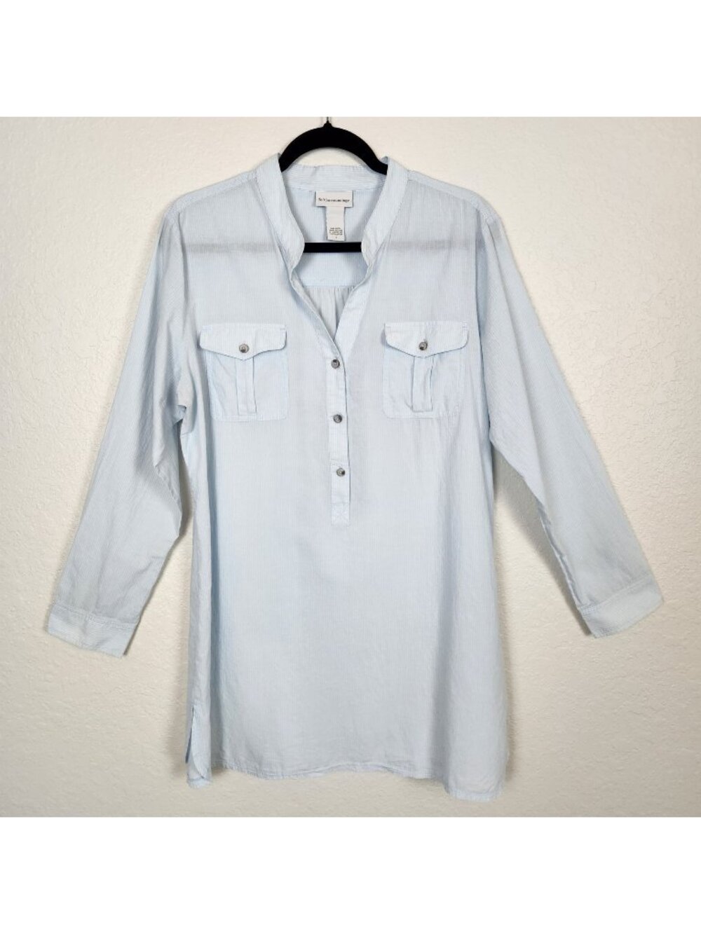 Soft Surroundings 100% Lightweight Cotton Tunic, Lg, Sky Blue & White Pinstripes